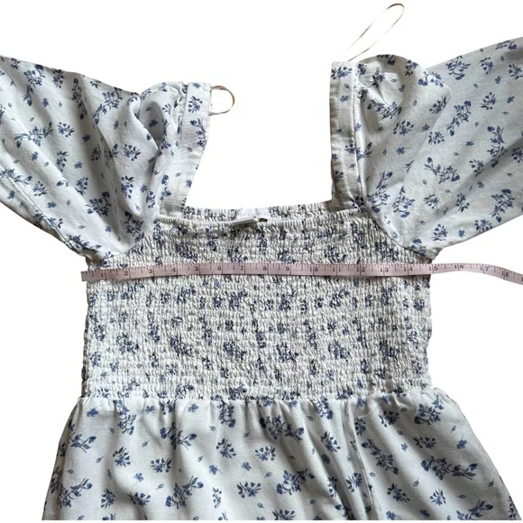 HOUSE OF HARLOW 1960 Smocked linen blend floral midi dress white blue size L - Picture 11 of 12